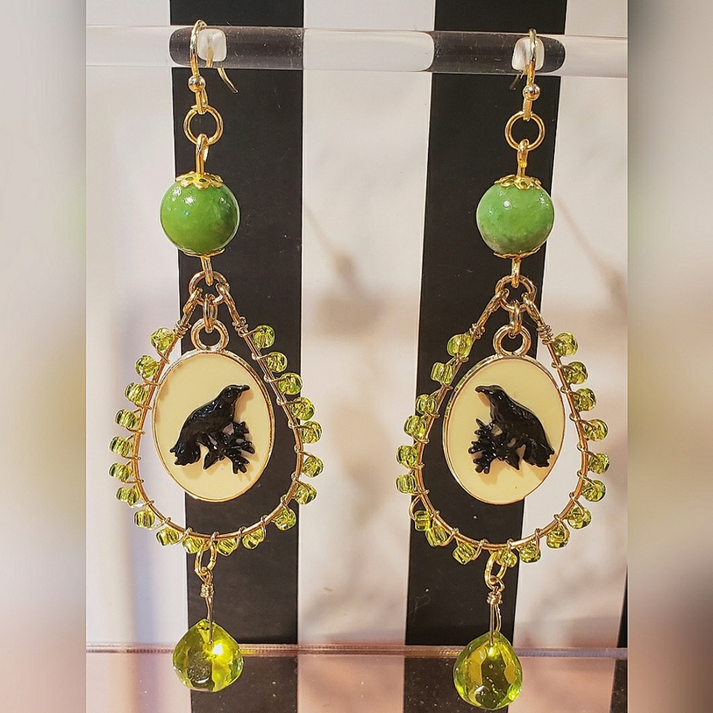 Handmade Dangle Earrings With Green Quartzite Beads & Crow Charms & Green Beads